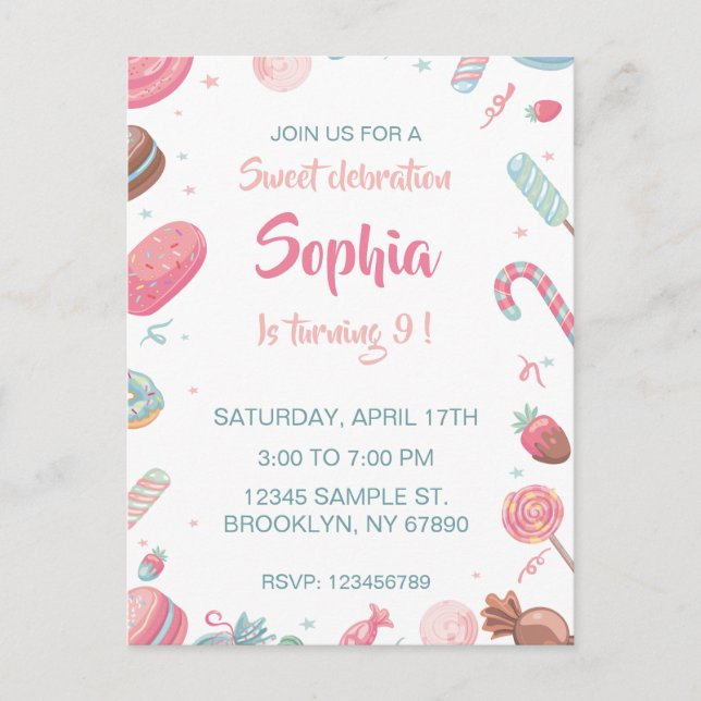 Invitación a la fiesta de cumpleaños de Candyland (Anverso)