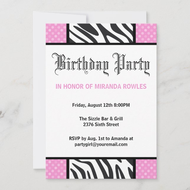 Invitación a la fiesta de cumpleaños de cebra en t (Anverso)