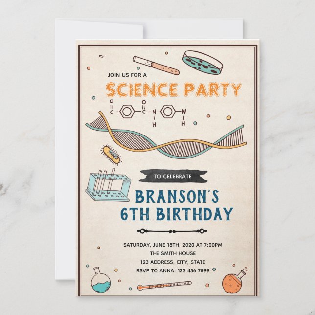 Invitación a la fiesta de cumpleaños de ciencia (Anverso)