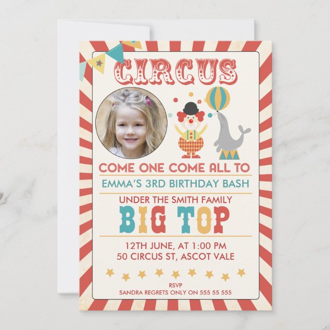 Invitación a la fiesta de cumpleaños de Circo Foto (Anverso)