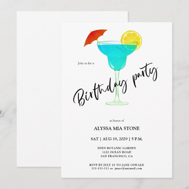 Invitación a la fiesta de cumpleaños de cóctel (Anverso / Reverso)