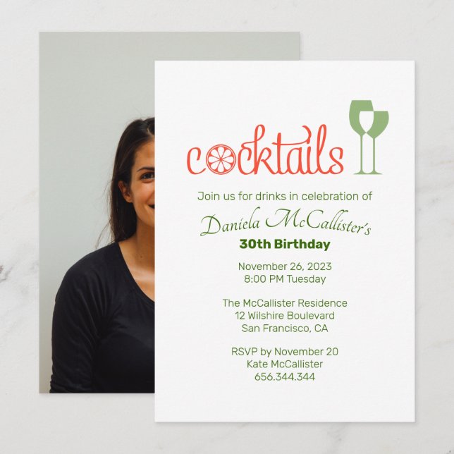 Invitación a la fiesta de cumpleaños de cócteles (Anverso / Reverso)