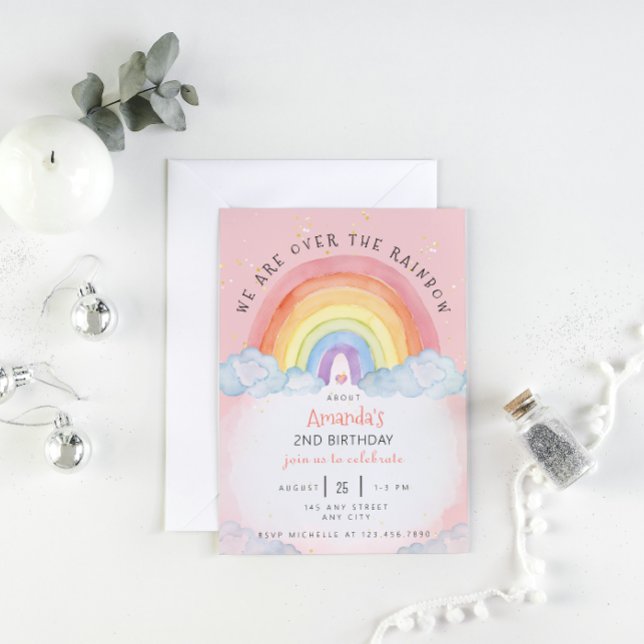 Invitación a la fiesta de cumpleaños de color arco (watercolor rainbow birthday party pink)