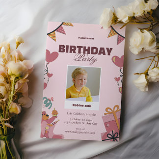 Invitación a la fiesta de cumpleaños de color rosa