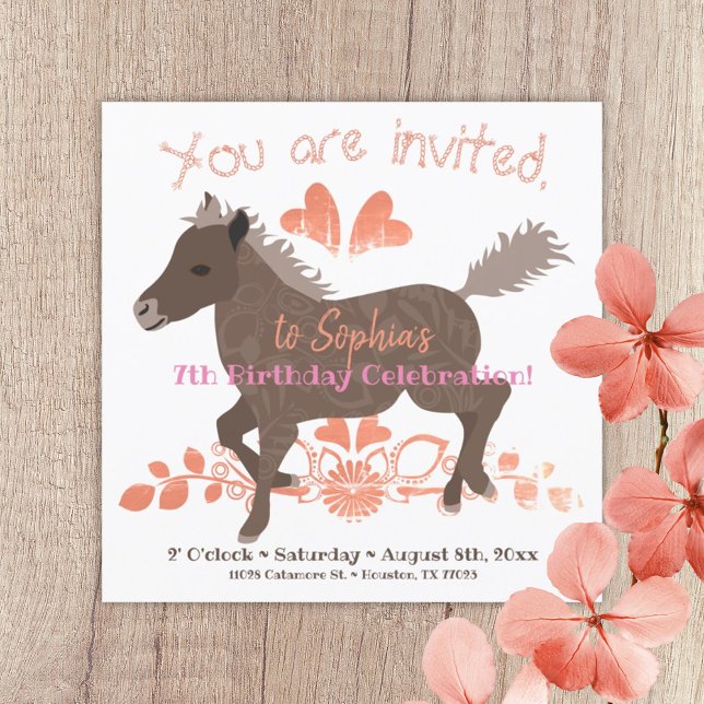 Invitación a la fiesta de cumpleaños de Coral, Pon (brown peach galloping pony girls birthday party invitation ponies themed party invite pink hearts)
