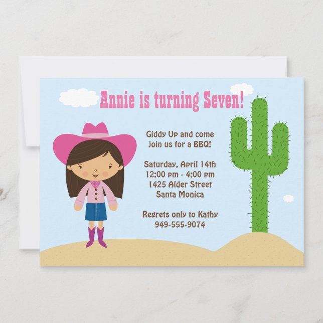  Invitación a la fiesta de cumpleaños de Cowgirl (Anverso)