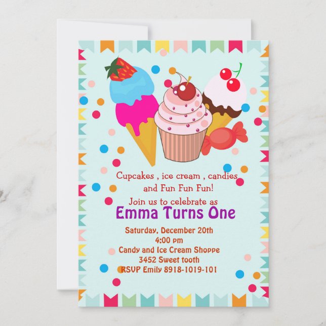 Invitación a la fiesta de cumpleaños de cupcake ic (Anverso)