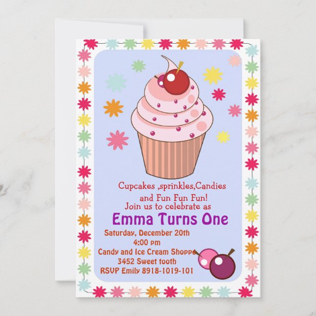 invitación a la fiesta de cumpleaños de cupcakes y (Anverso)
