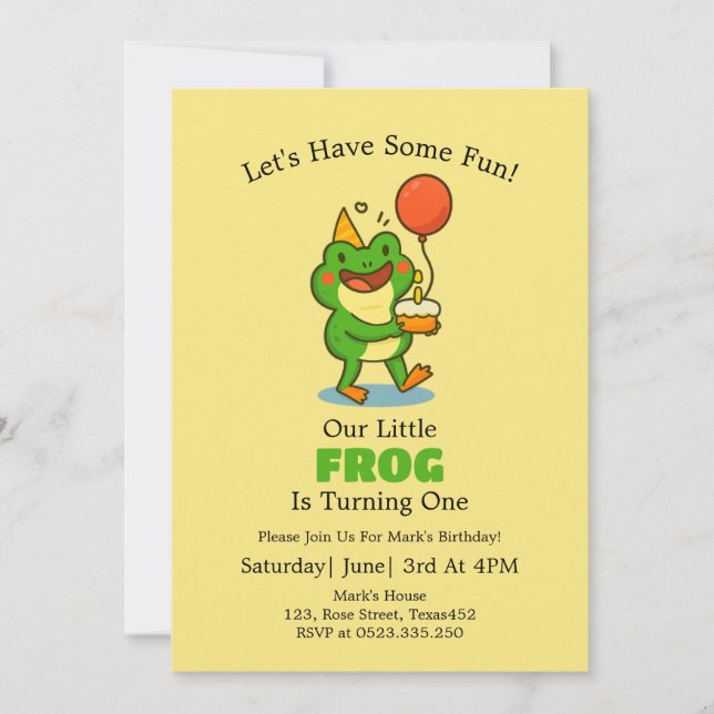 Invitación a la fiesta de cumpleaños de Cute Frog (Anverso)