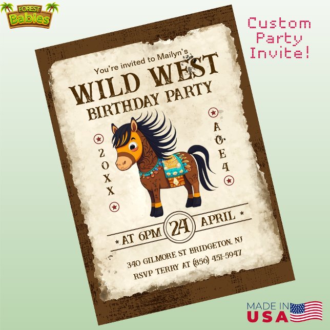 Invitación a la fiesta de cumpleaños de Cute Horse (Cute Personalizable Wild West Pony Birthday Party Invitation, Customizable Western Horse Invite 🐎)