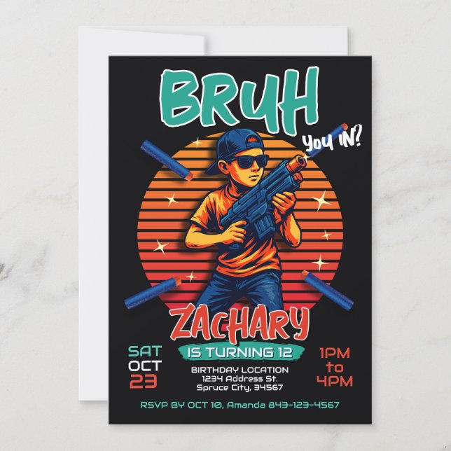 Invitación a la fiesta de cumpleaños de Dart Gun (Anverso)