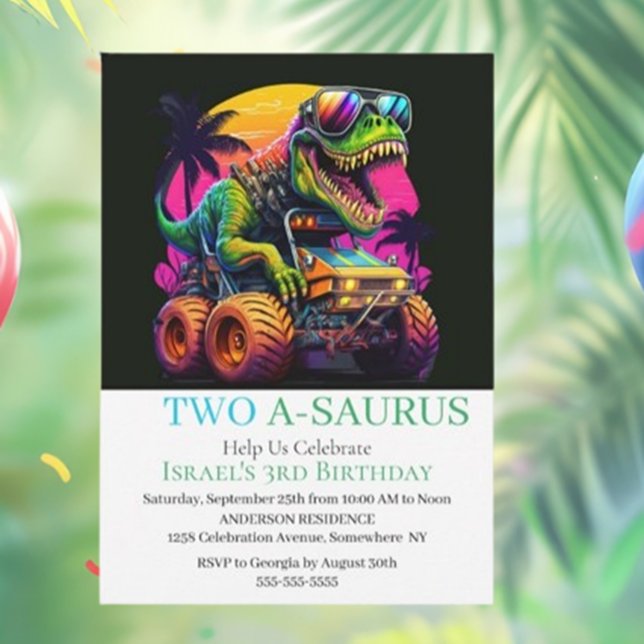 Invitación a la fiesta de cumpleaños de Dino Monst (Join us for a roaring good time at our Dino Monster Truck Birthday Party! )