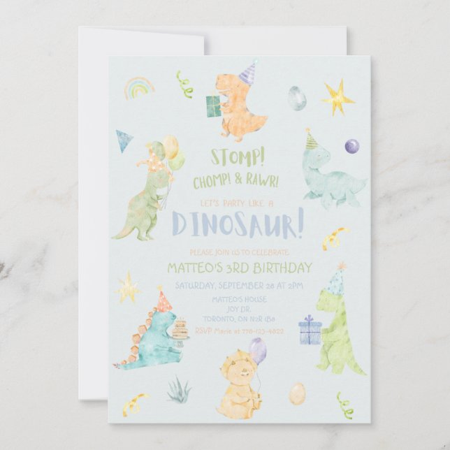 Invitación a la fiesta de cumpleaños de Dinosaur (Anverso)
