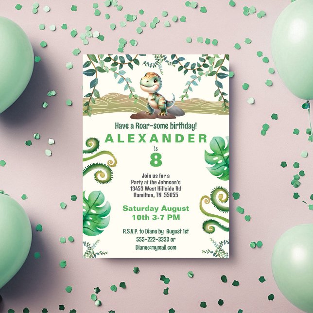 Invitación a la fiesta de cumpleaños de Dinosaur (Have a Roar-some Birthday boy dinosaur invitation with green accents)
