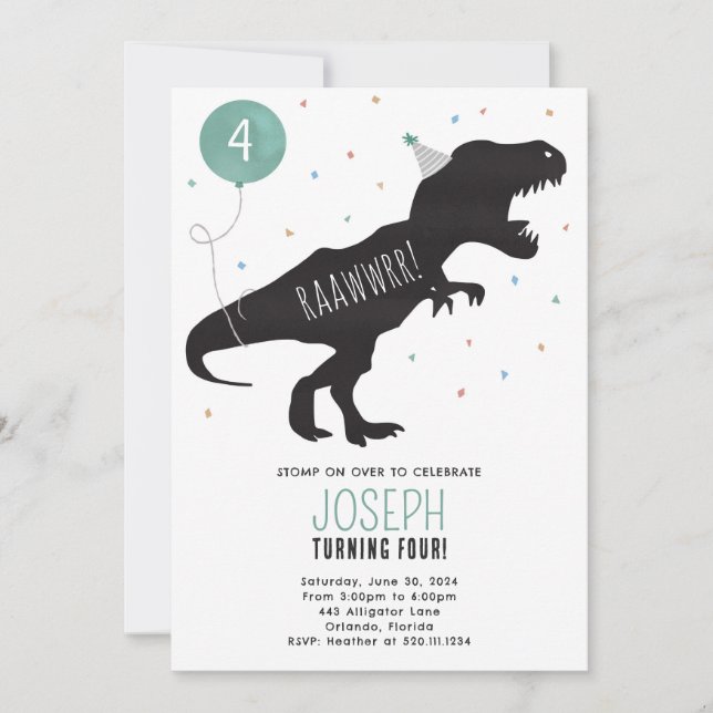 Invitación a la fiesta de cumpleaños de Dinosaurio (Anverso)