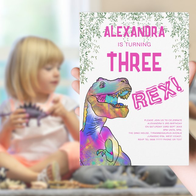 Invitación a la fiesta de cumpleaños de Dinosaurio (Three rex girls dinosaur 3rd birthday party invitation with colorful T-Rex and pink typography )