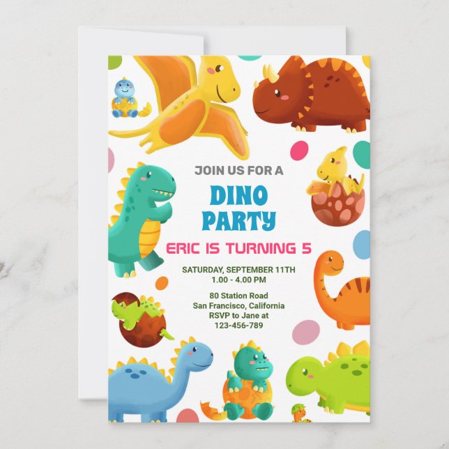 Invitación a la fiesta de cumpleaños de Dinosaurio (Anverso)