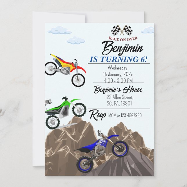 Invitación a la fiesta de cumpleaños de Dirt Bike/ (Anverso)