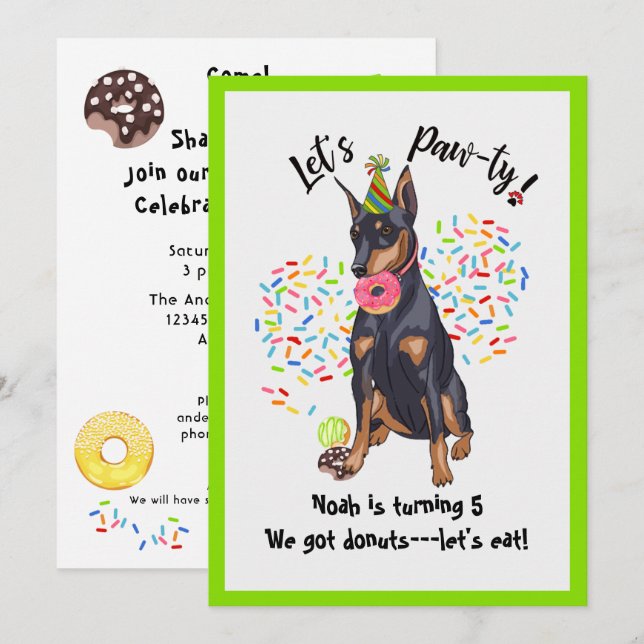 Invitación a la fiesta de cumpleaños de Doberman D (Anverso / Reverso)
