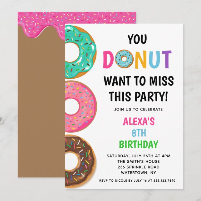 Invitación a la fiesta de cumpleaños de Donut (Anverso / Reverso)