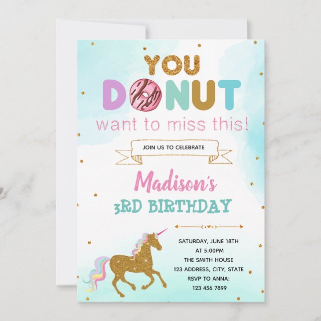 Invitación a la fiesta de cumpleaños de Donut unic (Anverso)