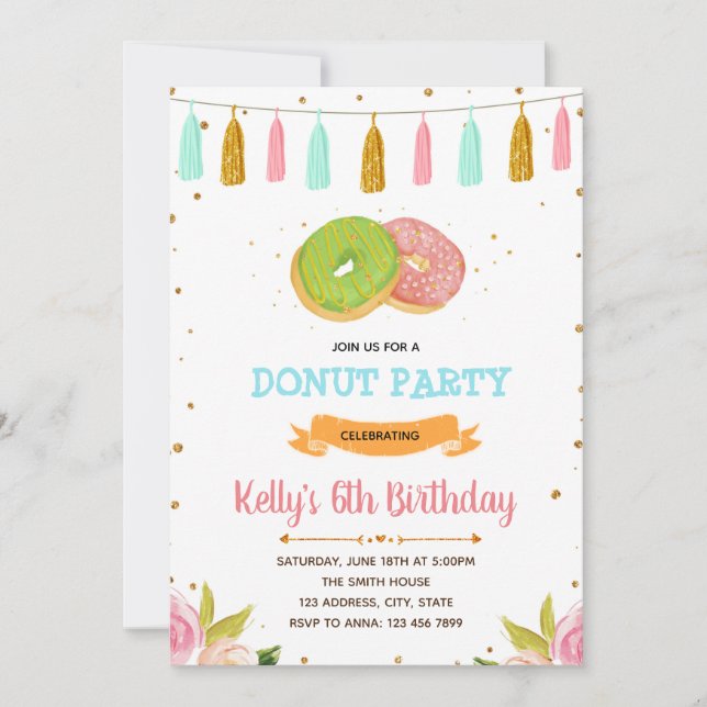 Invitación a la fiesta de cumpleaños de Donuts (Anverso)