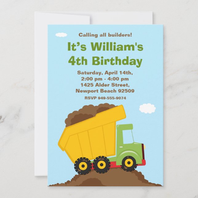 Invitación a la fiesta de cumpleaños de Dump Truck (Anverso)