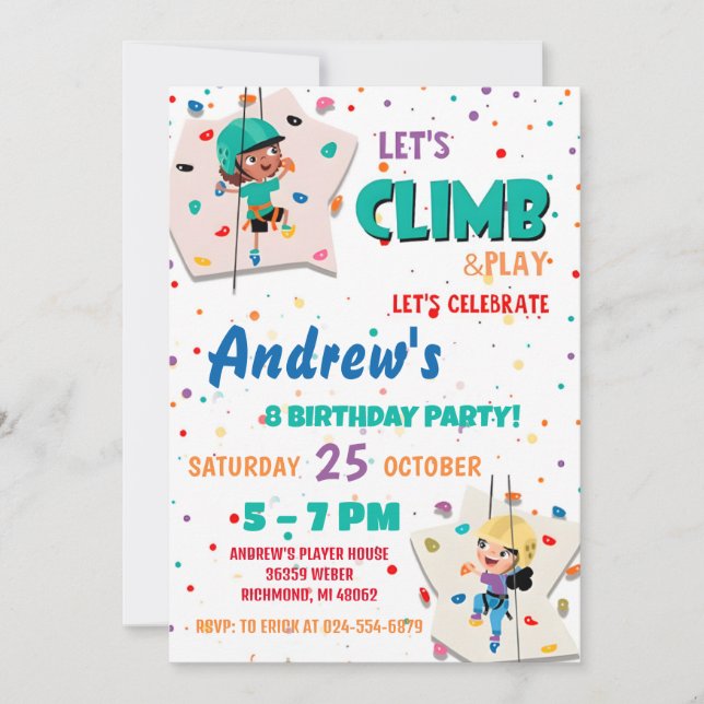 Invitación a la fiesta de cumpleaños de escalada d (Anverso)