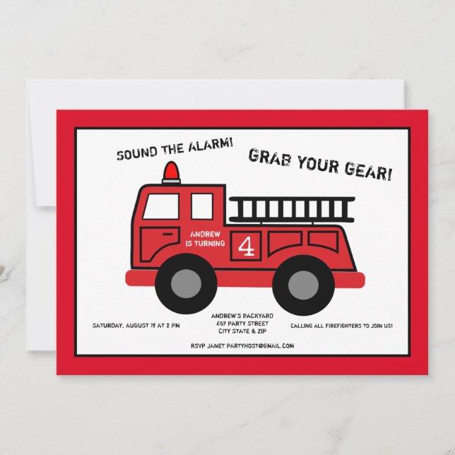 Invitación a la fiesta de cumpleaños de Fire Truck (Anverso)