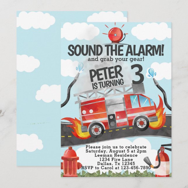 Invitación a la fiesta de cumpleaños de Firetruck (Anverso / Reverso)