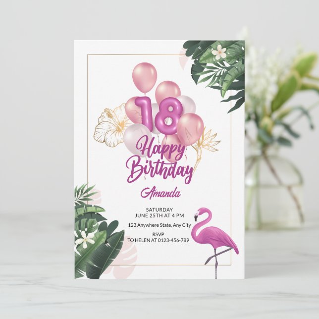 Invitación a la fiesta de cumpleaños de Flamingo,  (Anverso de pie)