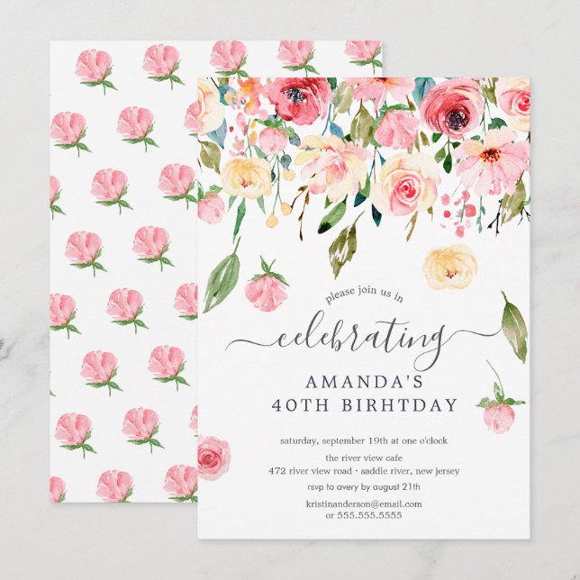 Invitación a la fiesta de cumpleaños de Floral Dro (Anverso / Reverso)