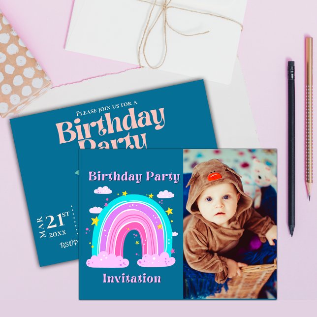 Invitación a la fiesta de cumpleaños de foto arcoi (Unicorn Rainbow Photo Birthday Party Invitation Postcard)
