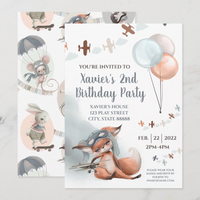 Invitación a la fiesta de cumpleaños de Fox Flying (Anverso / Reverso)