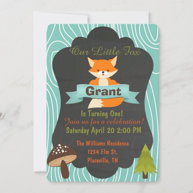 Invitación a la fiesta de cumpleaños de Fox Woodla (Anverso)