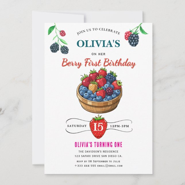 Invitación a la fiesta de cumpleaños de frambuesa (Anverso)