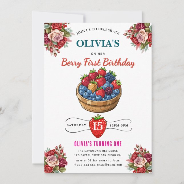 Invitación a la fiesta de cumpleaños de frambuesa (Anverso)