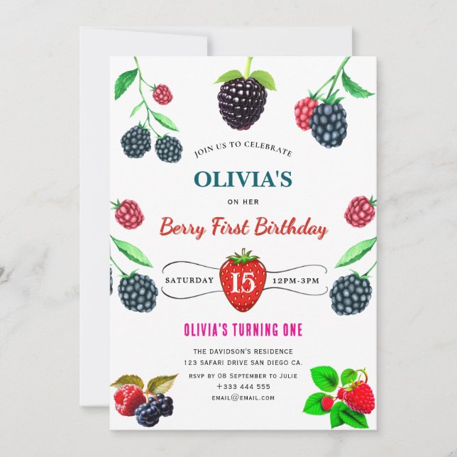 Invitación a la fiesta de cumpleaños de fresa y fr (Anverso)