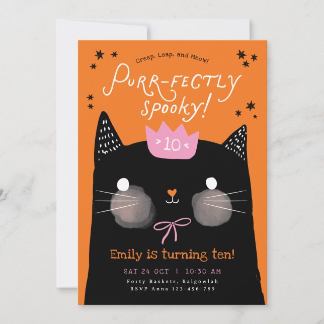 Invitación a la fiesta de cumpleaños de gato, fies (Anverso)