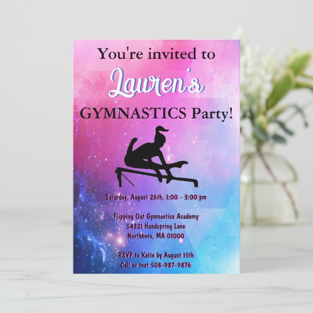 Invitación a la fiesta de cumpleaños de gimnasia c (Anverso de pie)