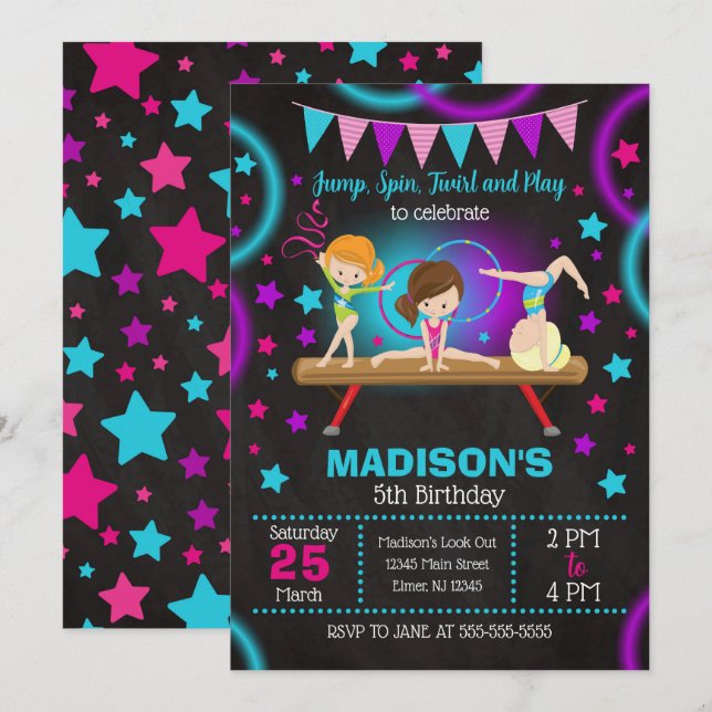 Invitación a la fiesta de cumpleaños de gimnasia c (Anverso / Reverso)