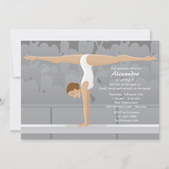 Invitación a la fiesta de cumpleaños de gimnasta (Anverso)