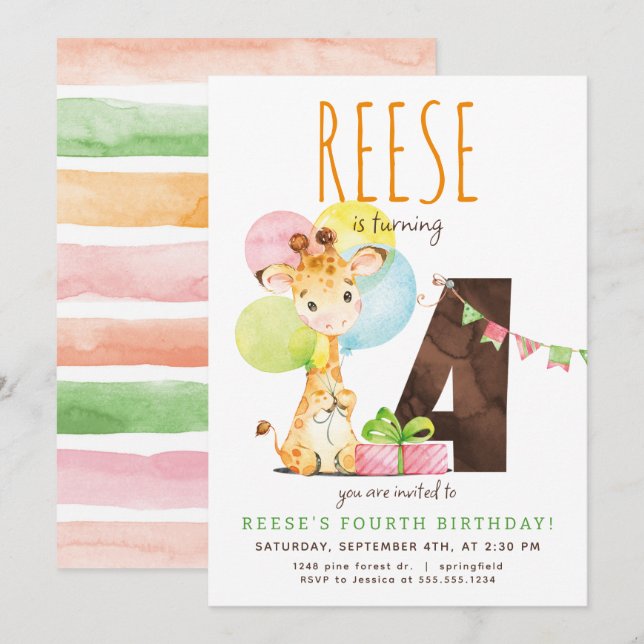 Invitación a la fiesta de cumpleaños de Giraffe (Anverso / Reverso)