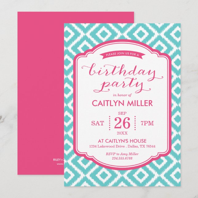 Invitación a la fiesta de cumpleaños de Girly Ikat (Anverso / Reverso)