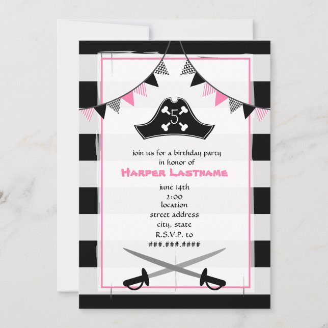 Invitación a la fiesta de cumpleaños de Girly Pira (Anverso)