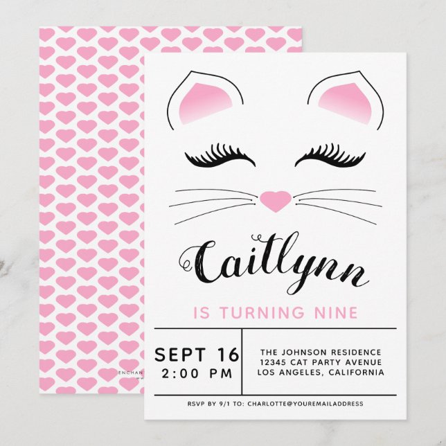 Invitación a la fiesta de cumpleaños de Glam Cat (Anverso / Reverso)