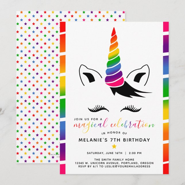 Invitación a la fiesta de cumpleaños de Glam Rainb (Anverso / Reverso)