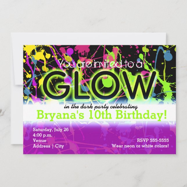 Invitación a la fiesta de cumpleaños de Glow Neon  (Anverso)