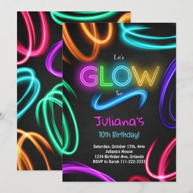 Invitación a la fiesta de cumpleaños de Glow Neon (Anverso / Reverso)