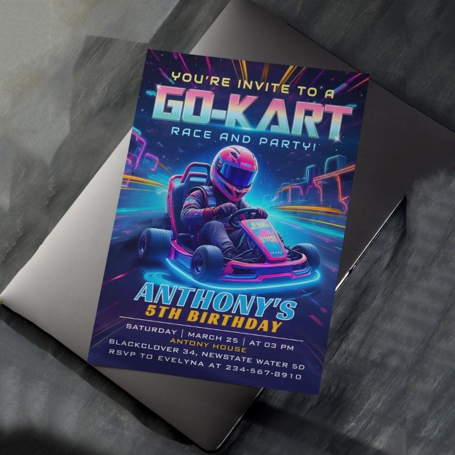 Invitación a la fiesta de cumpleaños de Go kart Ra (Go kart Race Birthday Party Invitation)